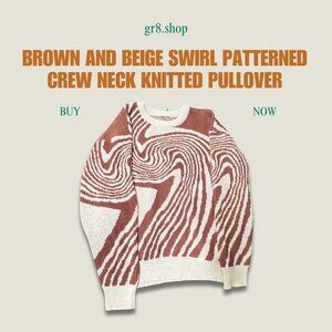 Brown & Beige Swirl Pattern Crew Neck Knit Pullover Sweater Large 100% Polyester